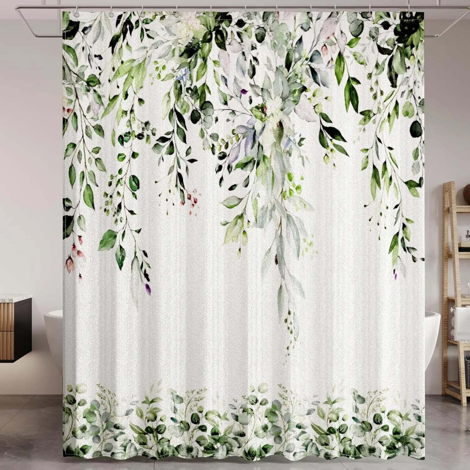 Tenda da doccia con foglie verdi acquerello e rampicanti pendenti, design botanico per il bagno