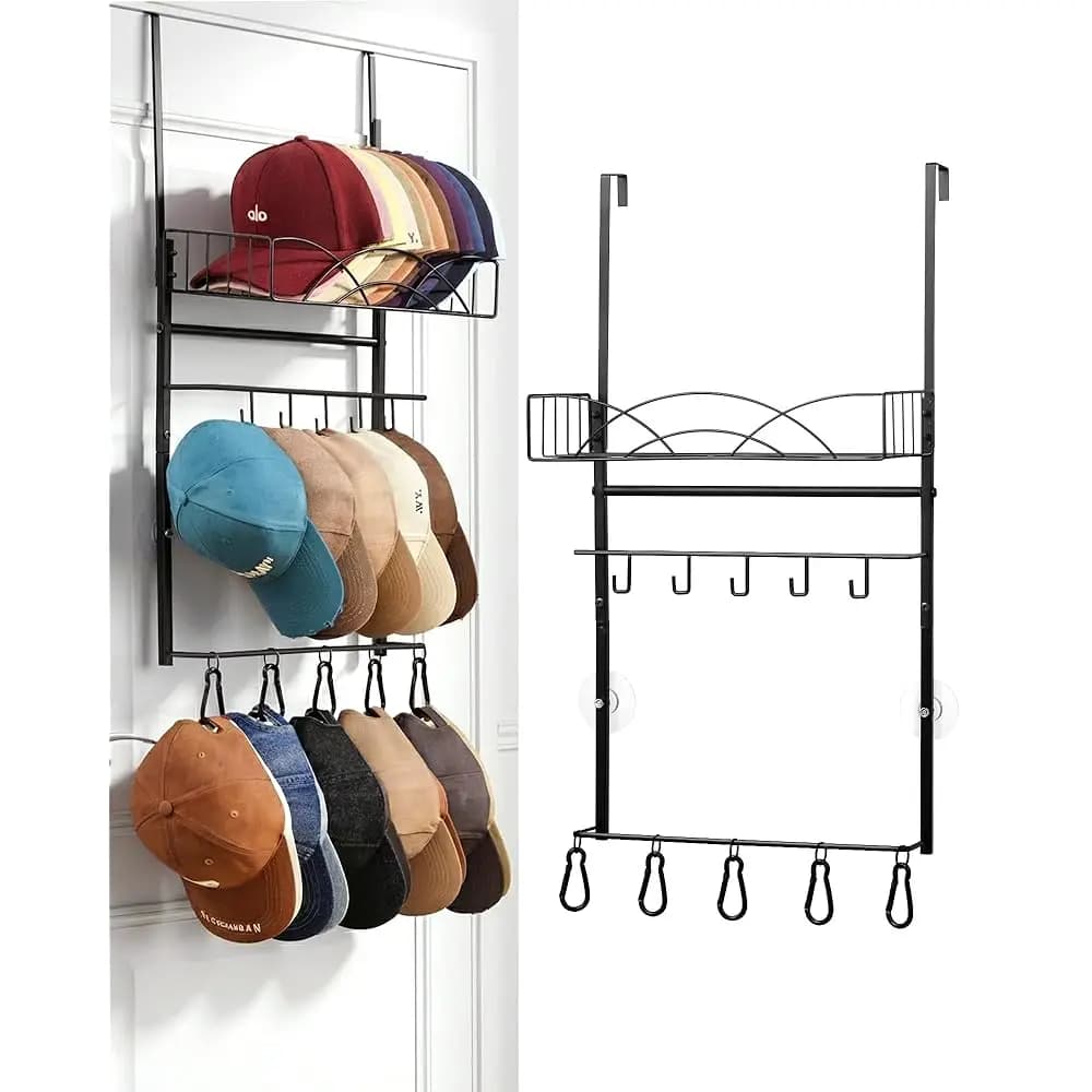 Portacappelli da appendere sopra la porta in metallo per cappellini da baseball - Portacappelli a 3 livelli da parete con cestino in metallo, 5 ganci e 5 ganci mobili