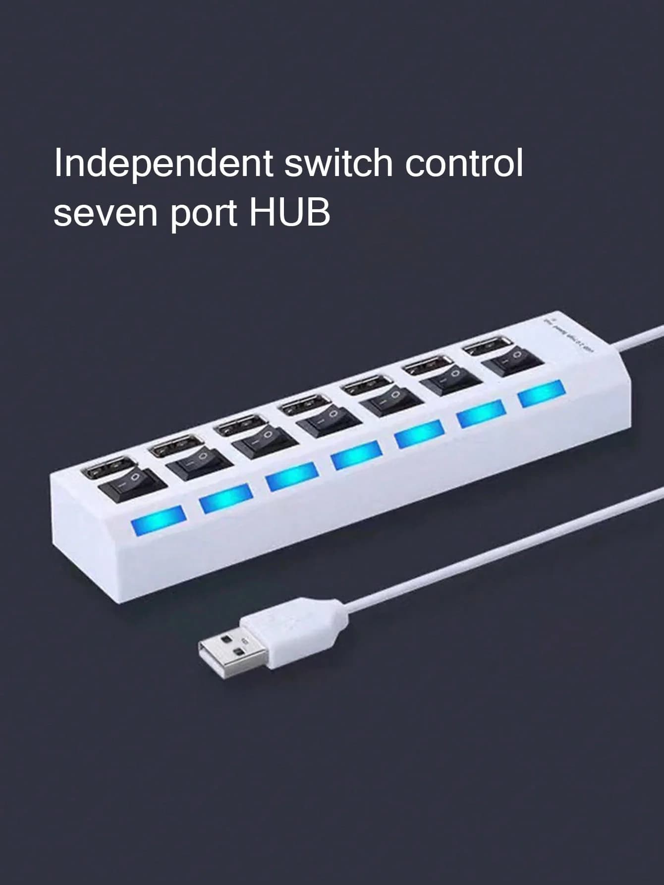 1 hub USB con switch indipendente a 7 porte in materiale ABS compatibile con computer, telefoni cellulari, fotocamere e altri dispositivi digitali USB