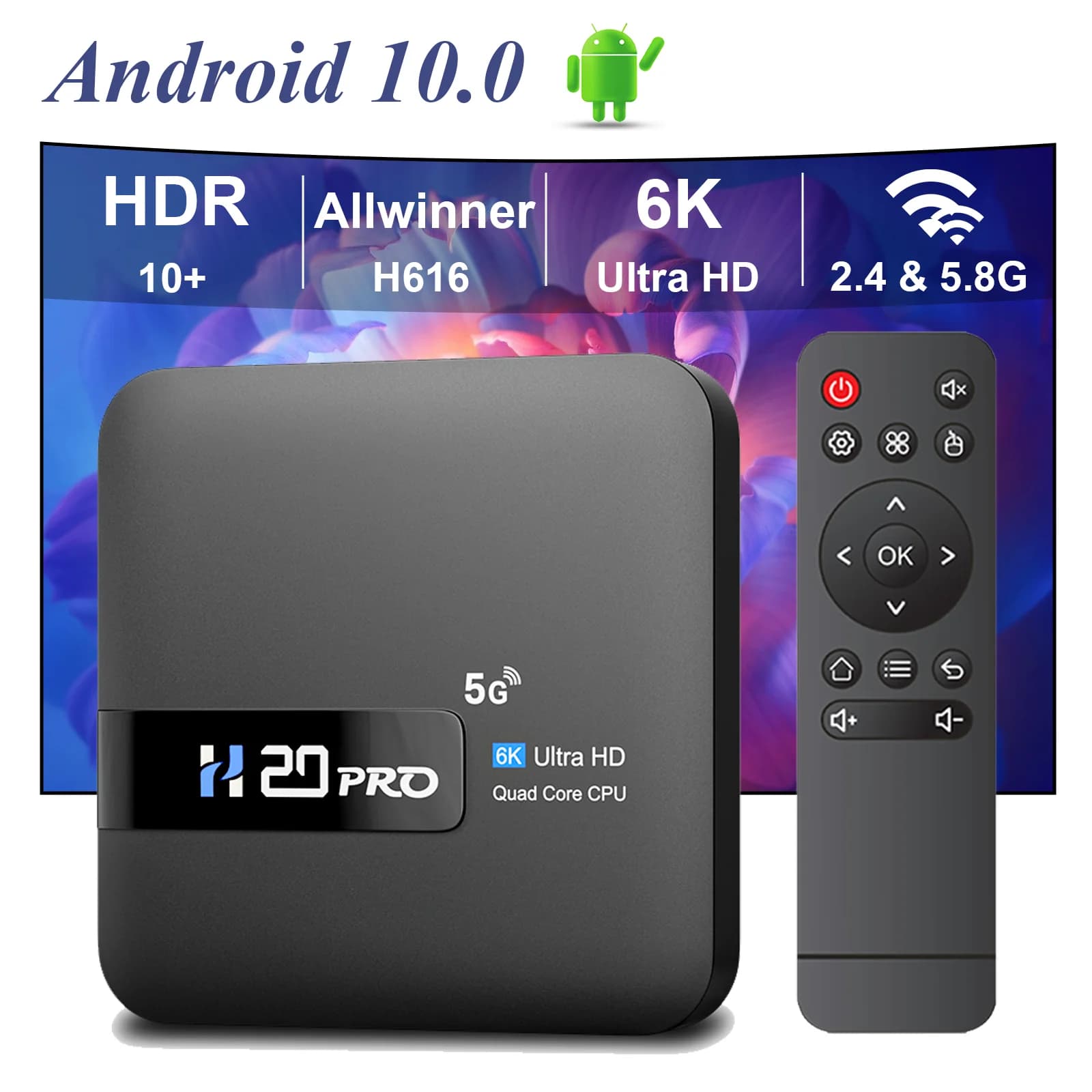 TOPSION H20PRO TV Box Android 10.0 With Voice Assistant 2.4&5G Wifi 4K 6K HD Video TV Box 1080P Media Player Set Top Box