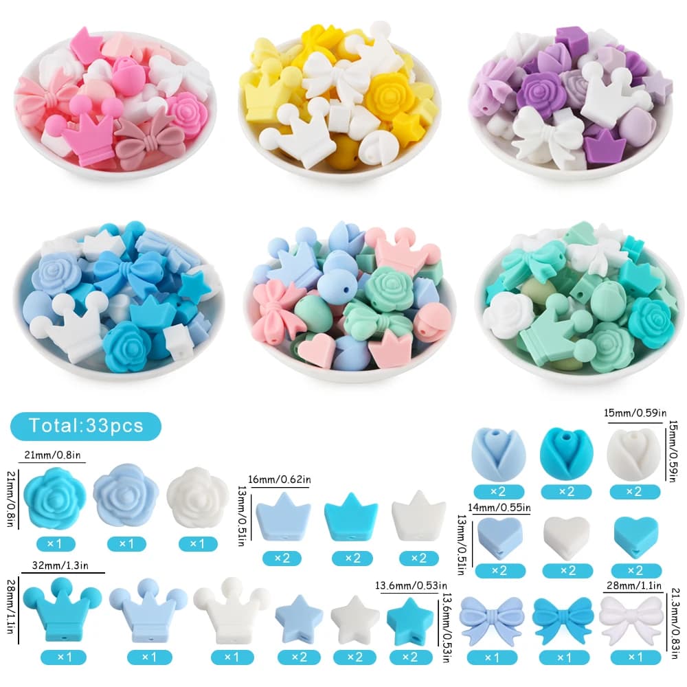 33 pezzi/set mini perline in silicone corona fiocco fiore perline grado alimentare braccialetto fai da te collana portachiavi gioielli accessori fatti a mano