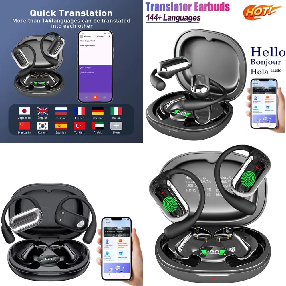 Auricolari Traduttori Wireless con Chiamate Nitide, Traduzione AI Online in 144 Lingue e Display LED per Viaggi