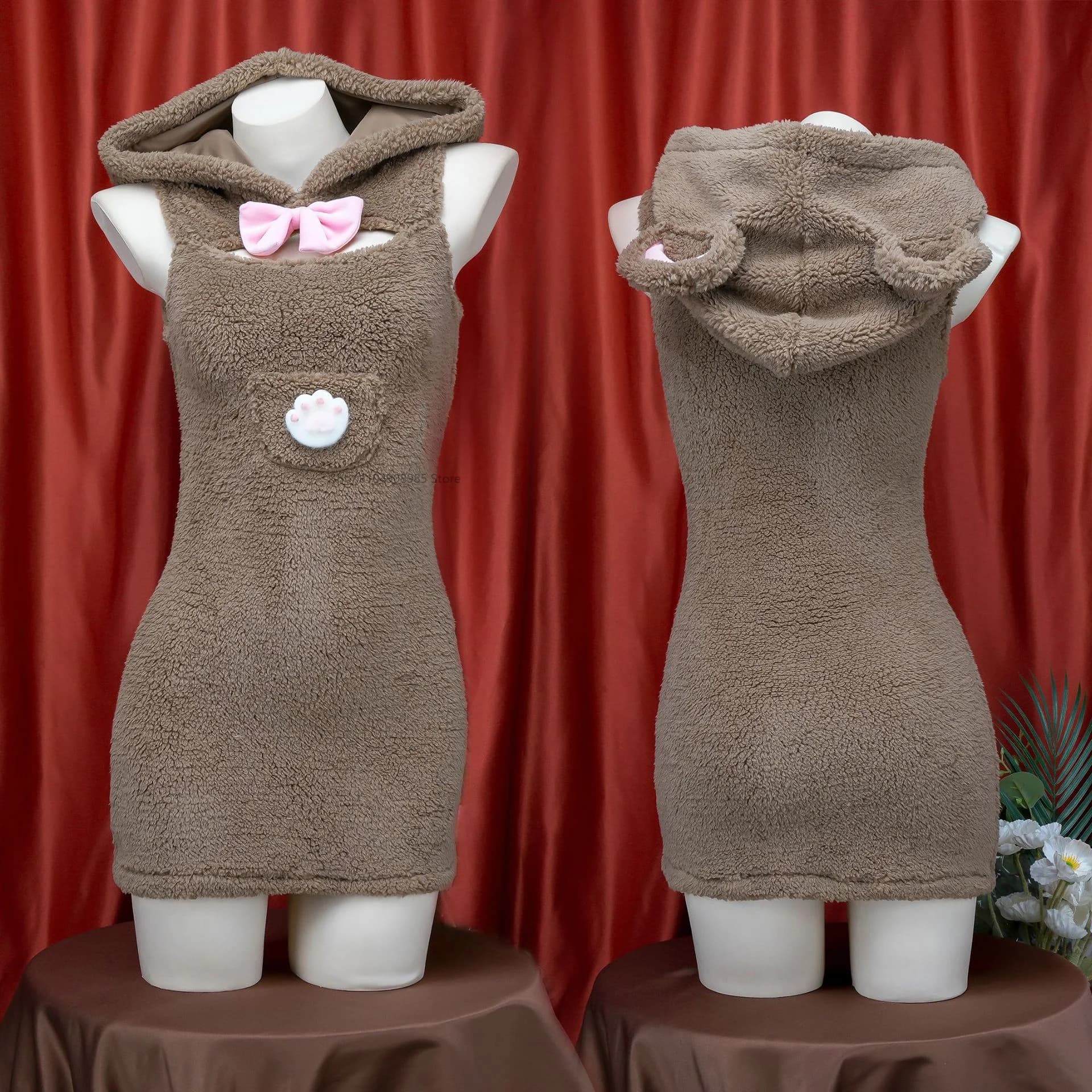 Anime Bear Maid Cosplay Costume Women Kawaii Plush Hooded Bodysuit Gloves Suits Cute Sleeveless Dress Pajamas Halloween Clothing