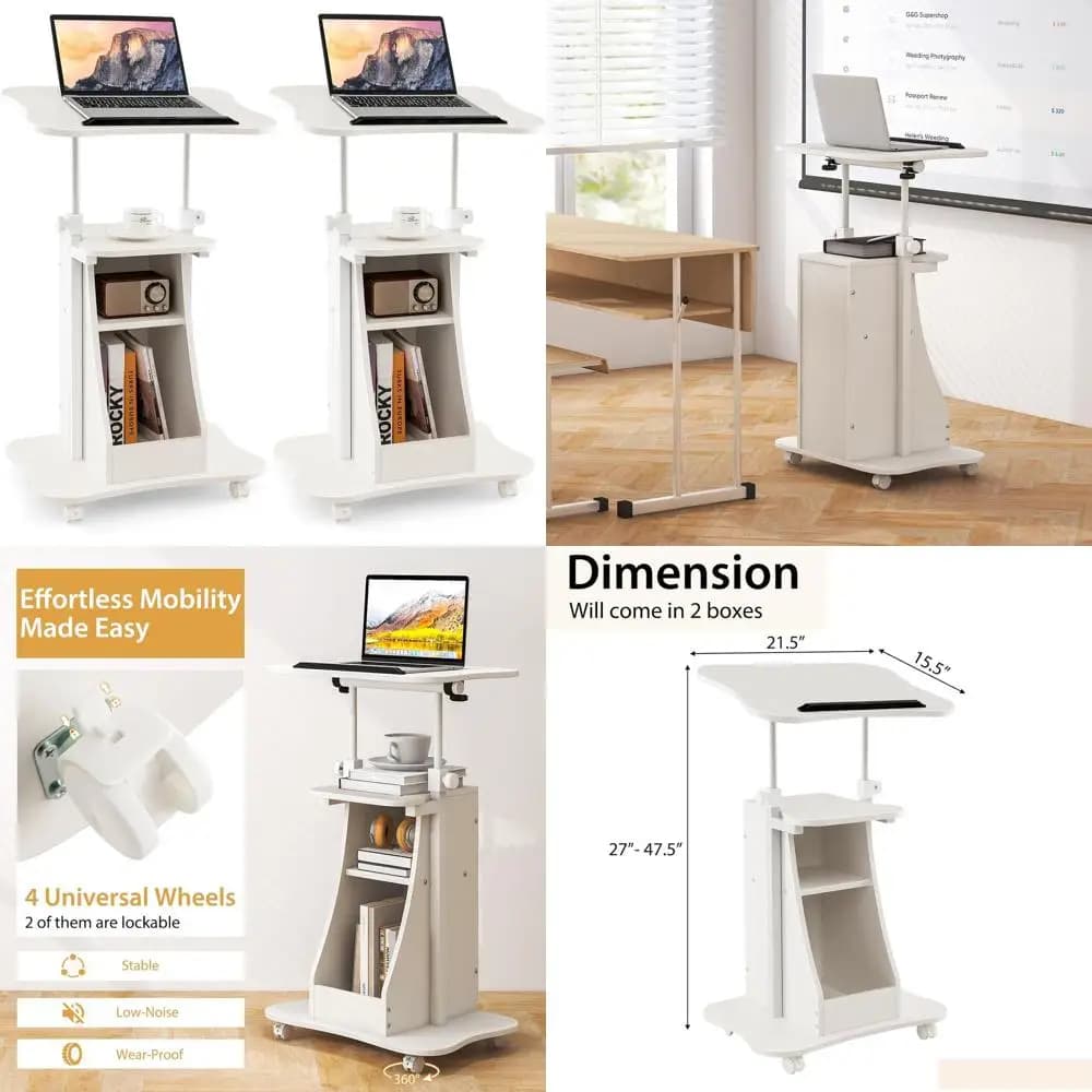 Podio Regolabile in Altezza, Carrello Scrivania Mobile Sit-Stand, Scrivania per Laptop con Piano Girevole e Ruote, Spazio di Archiviazione Incluso