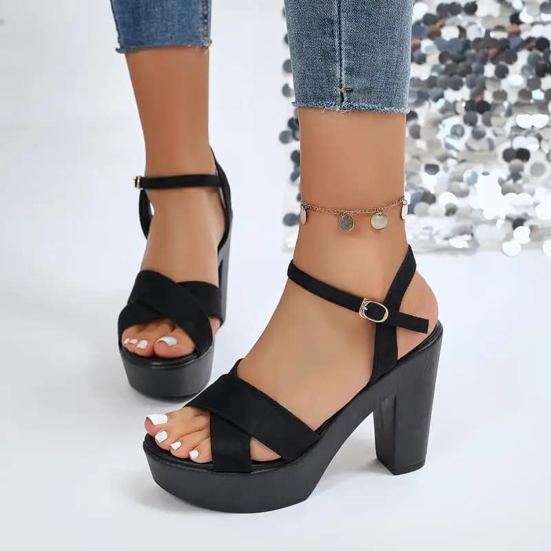 Black Sexy Sandals in Suede with High Heel and Thickness, Women's, Summers 2026, Classics with Plateau and Ankle Strap, Women's Party Shoes