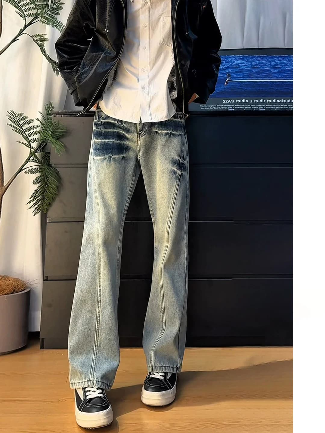Jeans a Zampa d'Elefante Blu Chiaro con Motivo Fulmine, Trendy Primavera Autunno, Stile American High Street, Pantaloni da Uomo con Taglio Obliquo a Lama