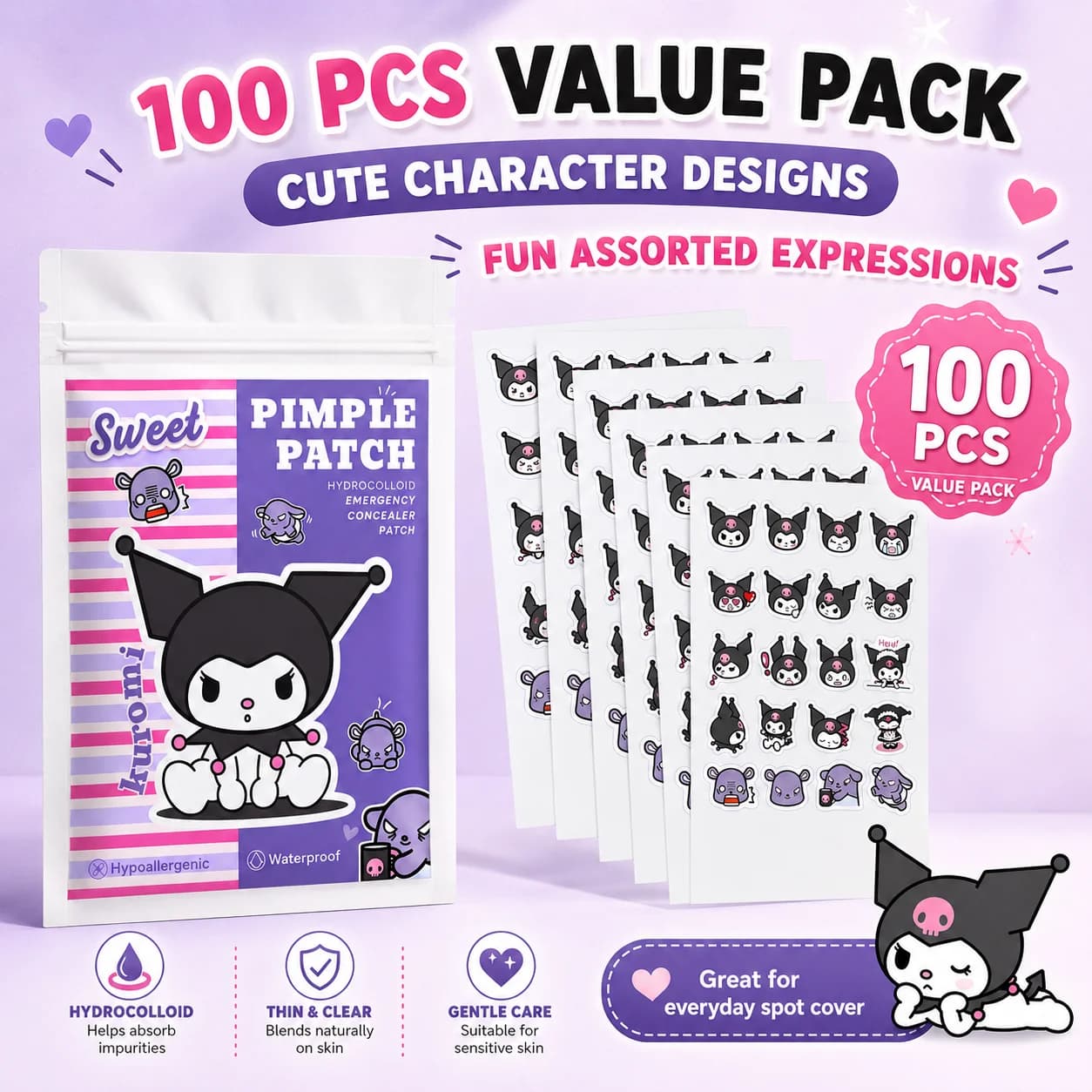 Cerotti per Brufoli Hello Kitty, 100 Pezzi, Coperture Idrocolloidali per Acne, 25 Design Divertenti, Delicati, Impermeabili, Delicati sulla Pelle