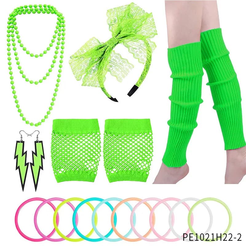 Costume Anni '80 per Feste a Tema Neon: Ginocchiere, Polsiere, Orecchini, Fascia per Capelli, Catena di Perline - Accessori per Feste