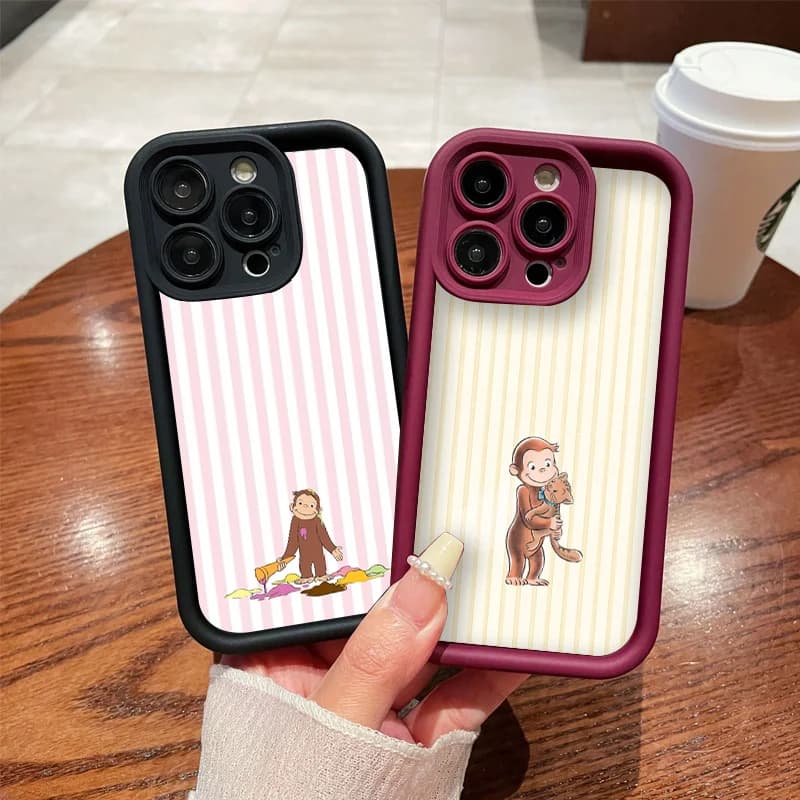 Cartoon Monkey Holding Cat Phone Case for iPhone 17 16 15 Pro Max 13 12 11 Mini X XR XS 7 8 14Plus SE Striped Printed Soft Cover