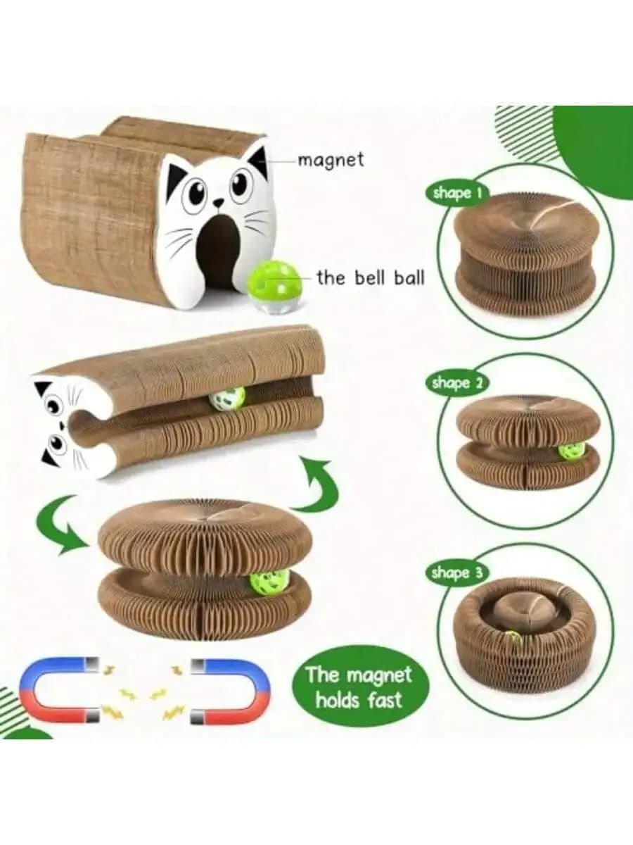 Interactive Cat Scratcher Toy With Magnetic Bell Ball And Corrugated Paper Tunnel