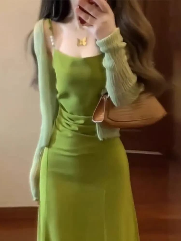 Nuovo Abito Verde Senza Spalline Primavera 2026, Vestito Midi Sexy con Vita Stretta e Gonna a Trapezio, Moda Donna per Vacanze