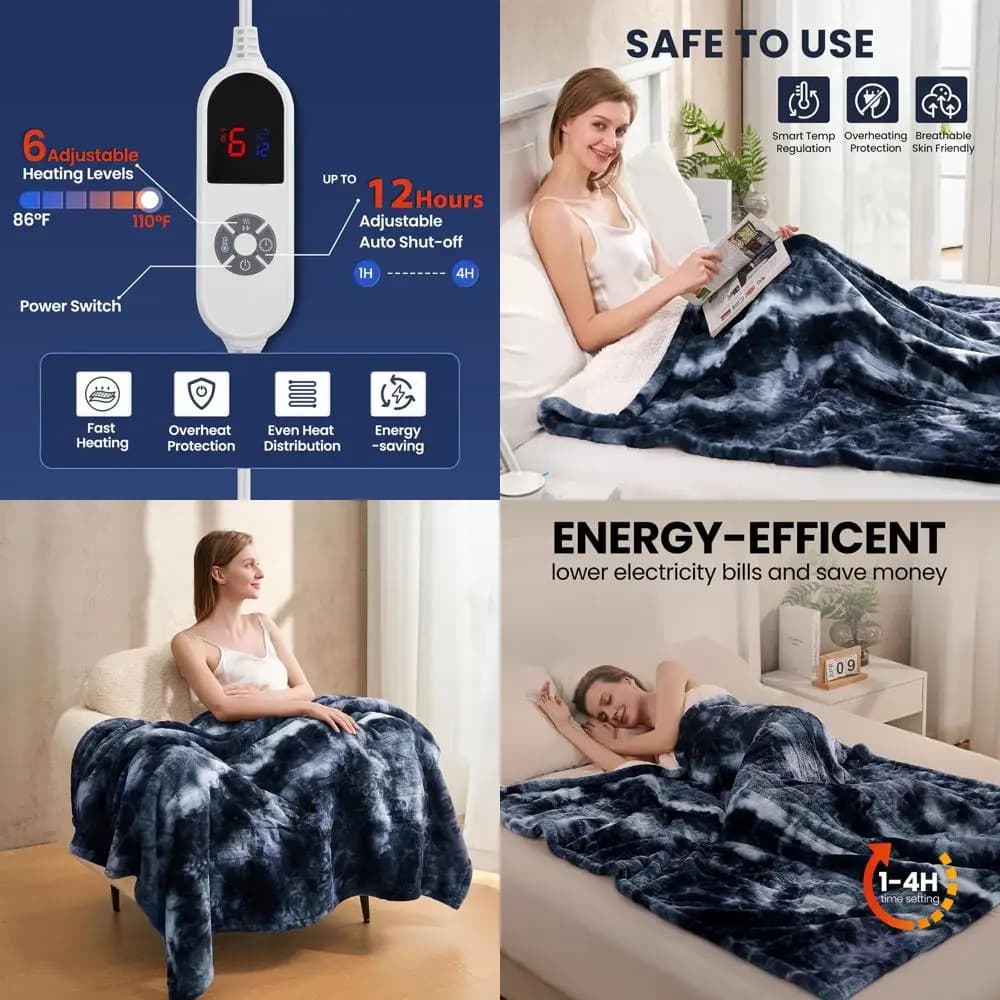 Coperta elettrica di lusso in pelliccia sintetica blu doppia, 62x84, 6 livelli di calore e spegnimento automatico 12 ore