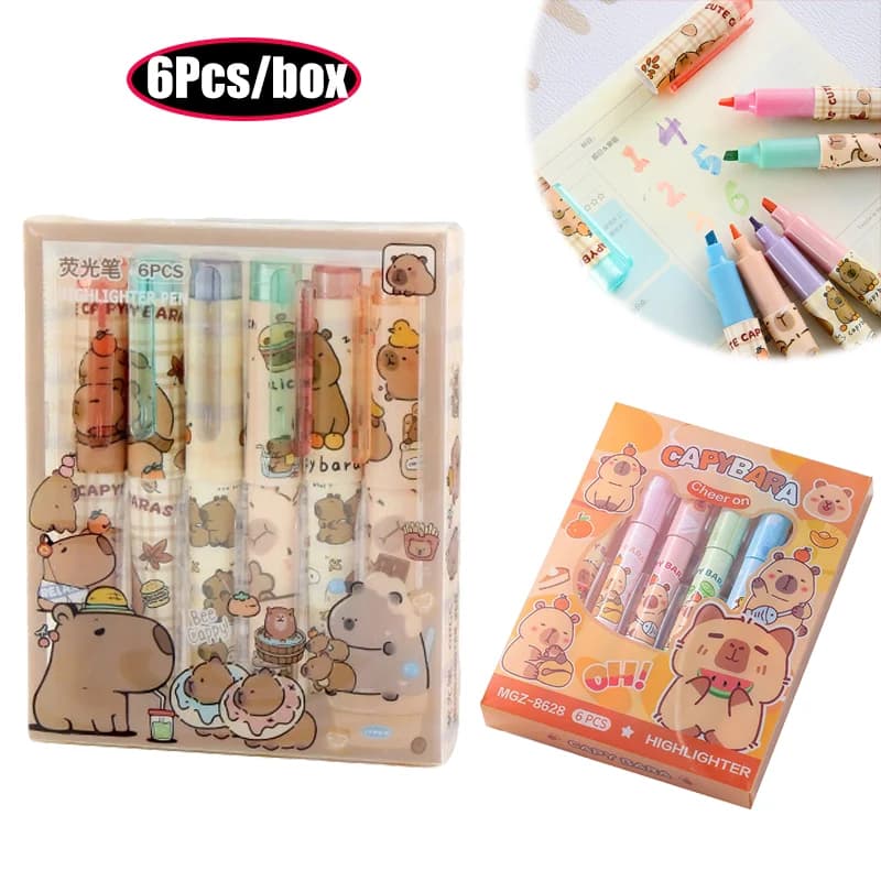 6 pezzi Cartoon Fashion Capybara evidenziatore set di penne carino creativo mini pennarello per pittura penne fluorescenti forniture per ufficio di cancelleria