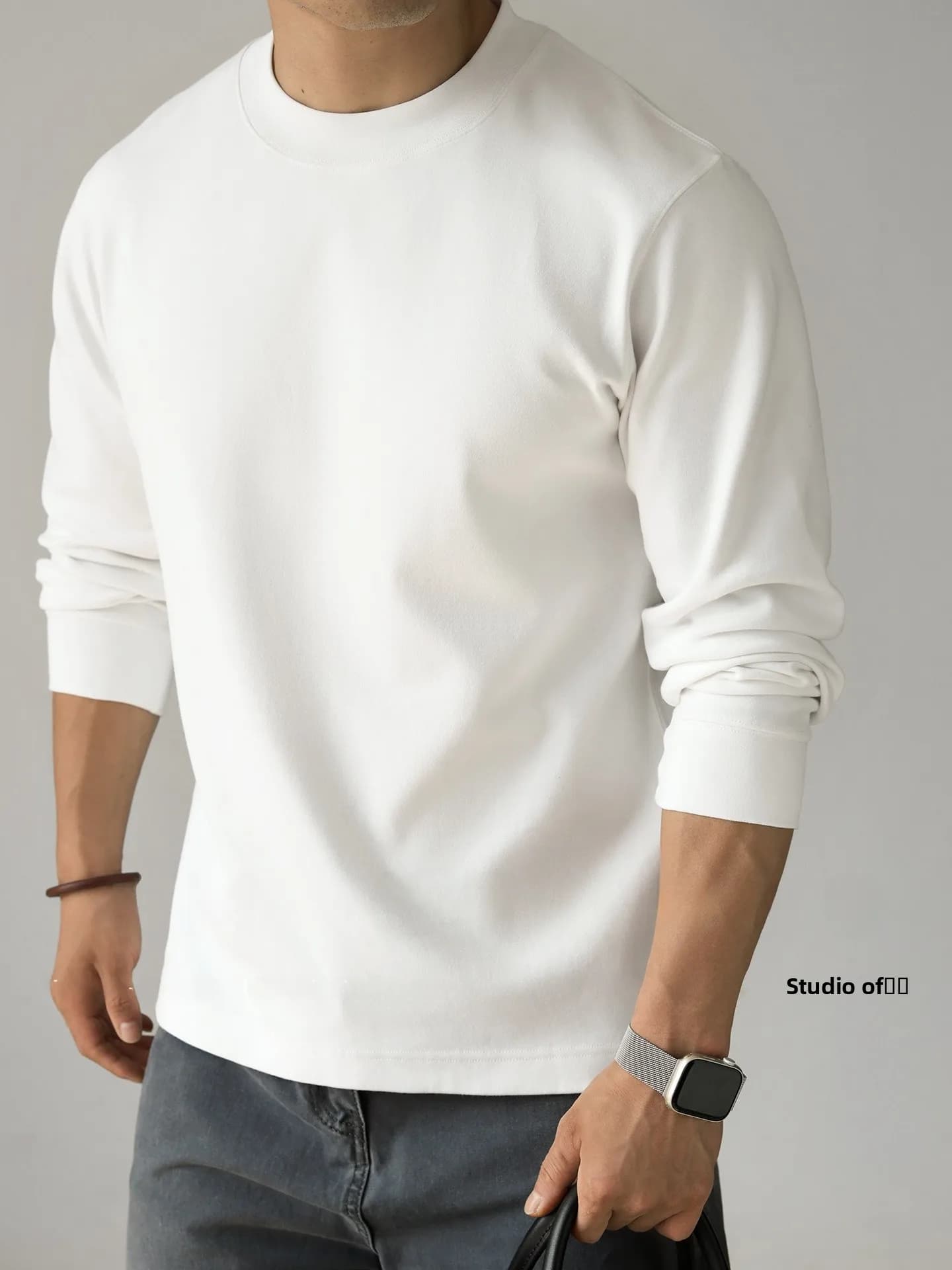 Heavyweight Double-Sided Elastic Cotton T-Shirt Simple High Collar Long Sleeve Pure Color Men's Autumn Fashion Urban Style