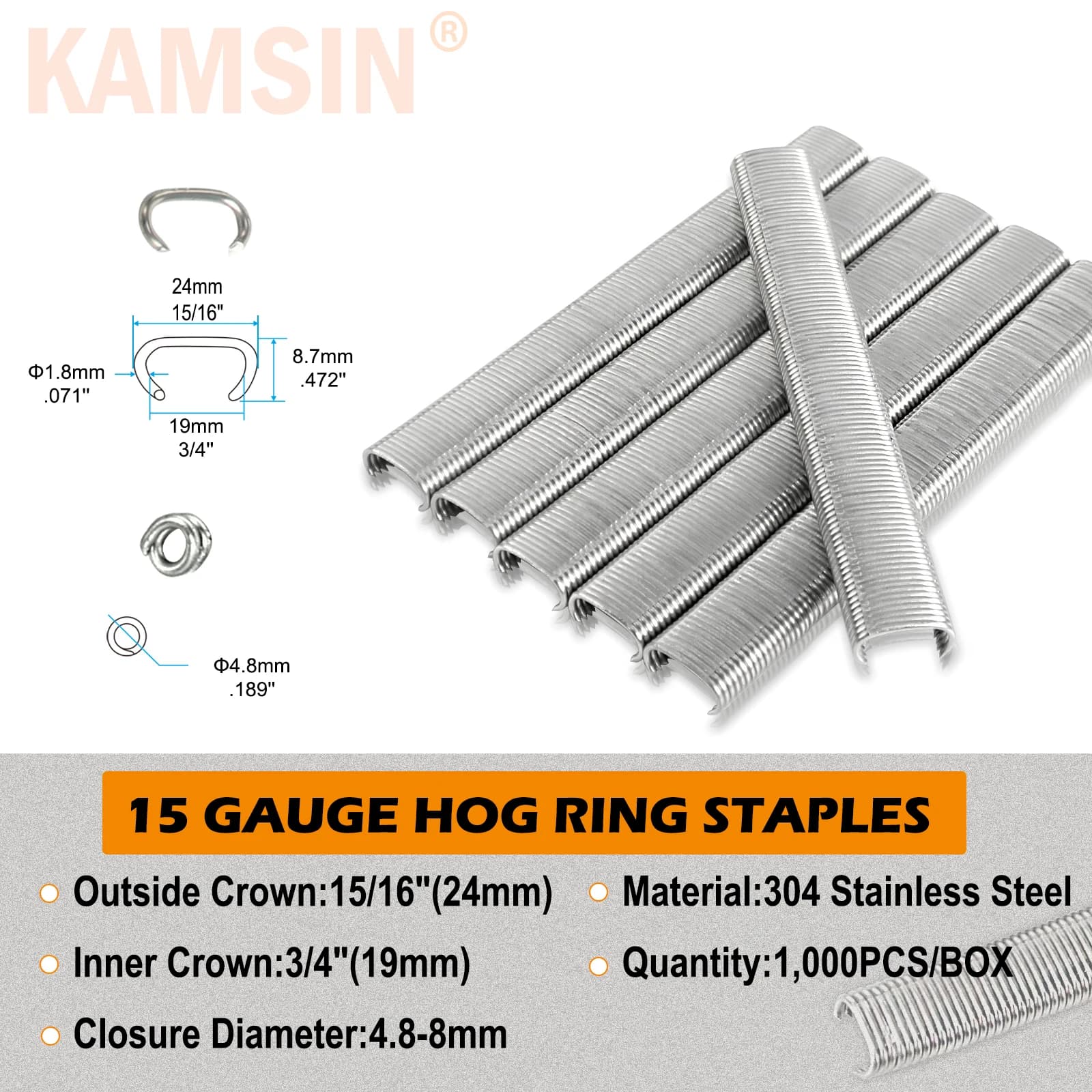 KAMSIN 1000PCS SC7 Nails 15 Gauge 304 Stainless Steel or Galvanized 3/4-Inch Crown Hog Rings C Rings Staples Hog Ring Staples
