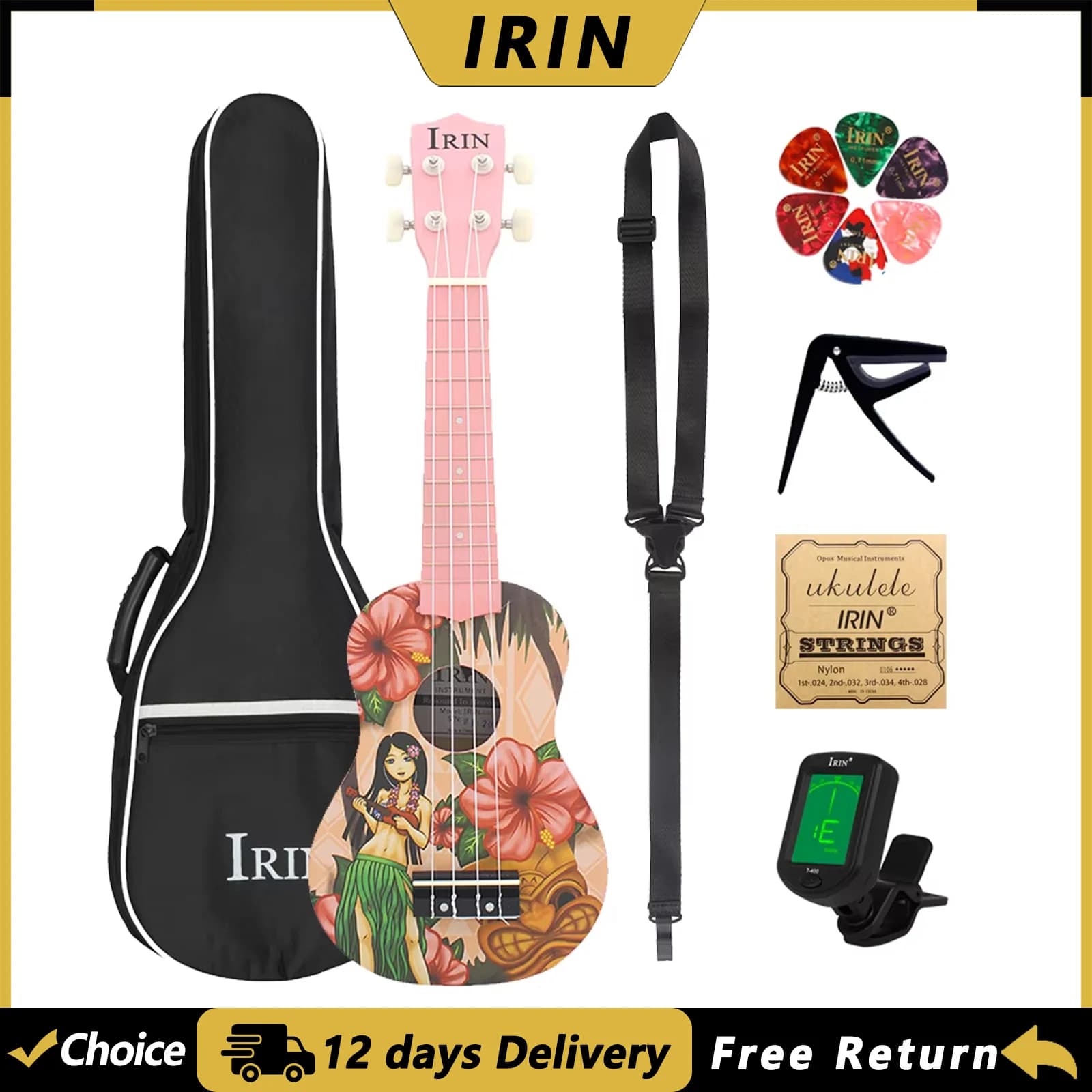 IRIN Ukulele 21 Pollici 4 Corde Chitarra Hawaiana Rosa Mini Ukulele per Ragazze con Borsa Corde Accordatore Parti e Accessori per Chitarra