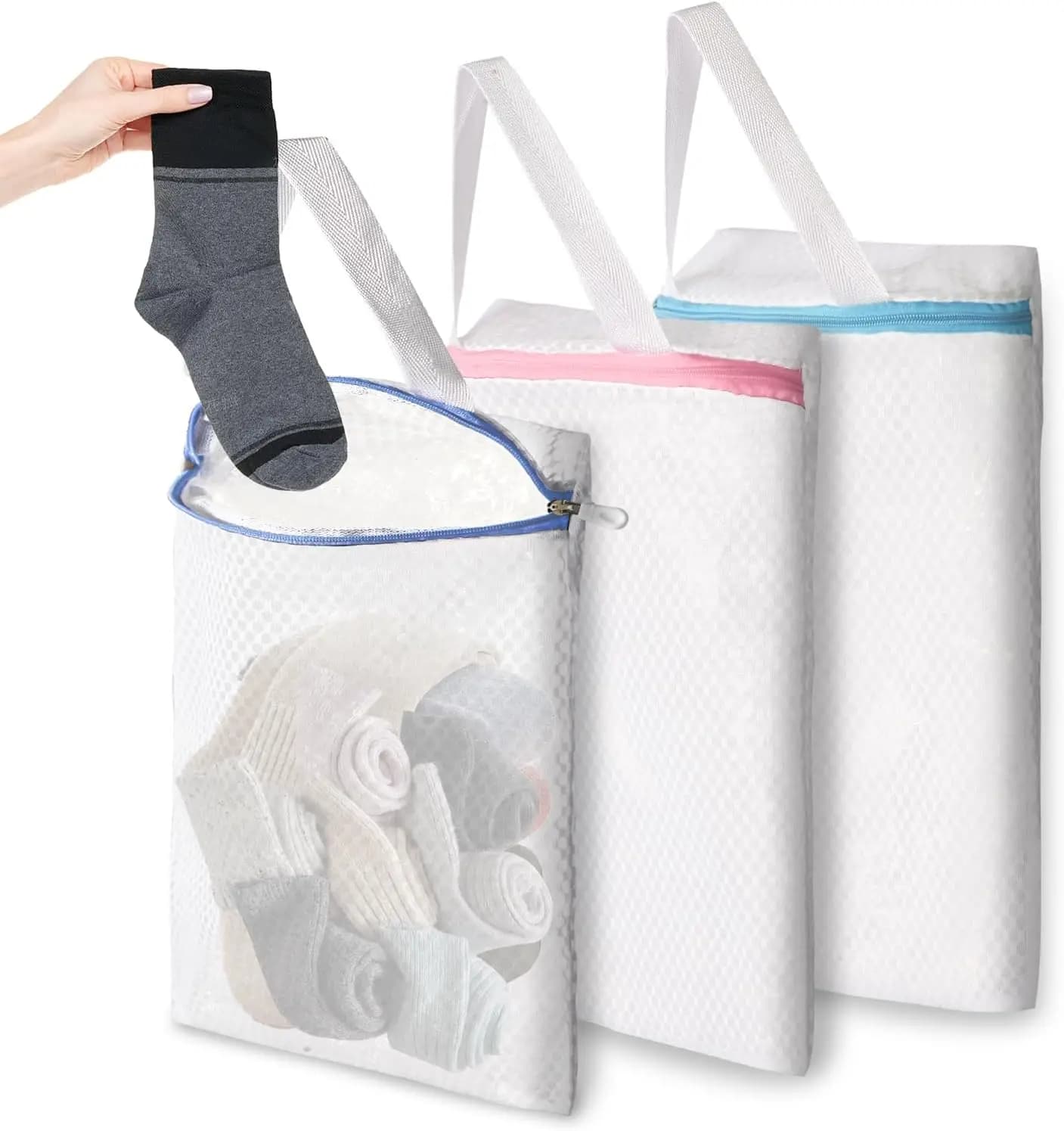 Set di 3 Sacchetti a Rete per Bucato con Ganci Metallici, 10x12 Pollici per Calzini e Capi Delicati