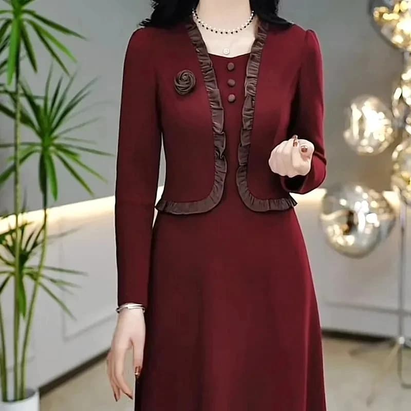 Autunno Inverno Aggiungi abito lungo in velluto Donna Falso abito a maniche lunghe in due pezzi Abiti eleganti per la festa nuziale della madre di fascia alta