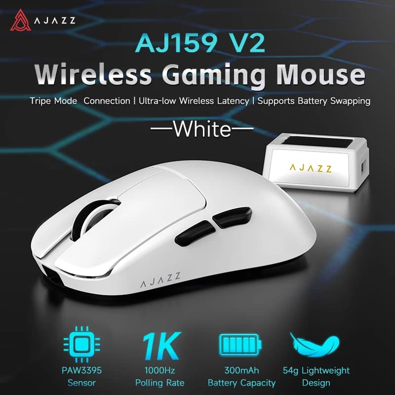 AJ159 V2 Wireless Gaming Mouse with PAW3395 32000DPI 2.4G+Wired+BT Connection Wireless Mouse support Battery Swapping