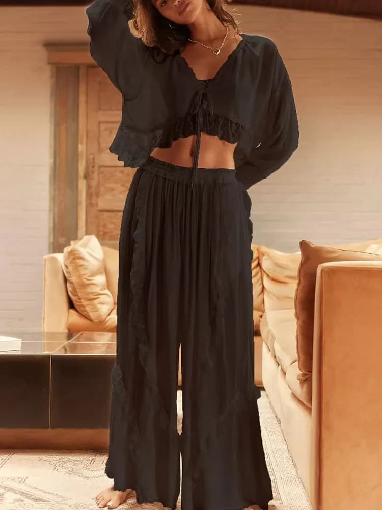 Chiffon Lace Splicing Loose 2 Piece Set Summer Perspective Comfortable Pajama Suit Simple Solid Color Elastic Waist Pants Outfit