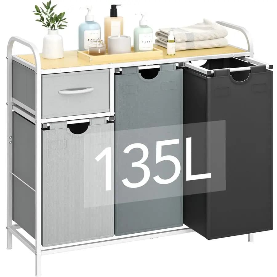 3 compartment linen basket, with shelf and 1 drawer, 135L (35.7Gal), removable and removable organizer in Oxford fabric