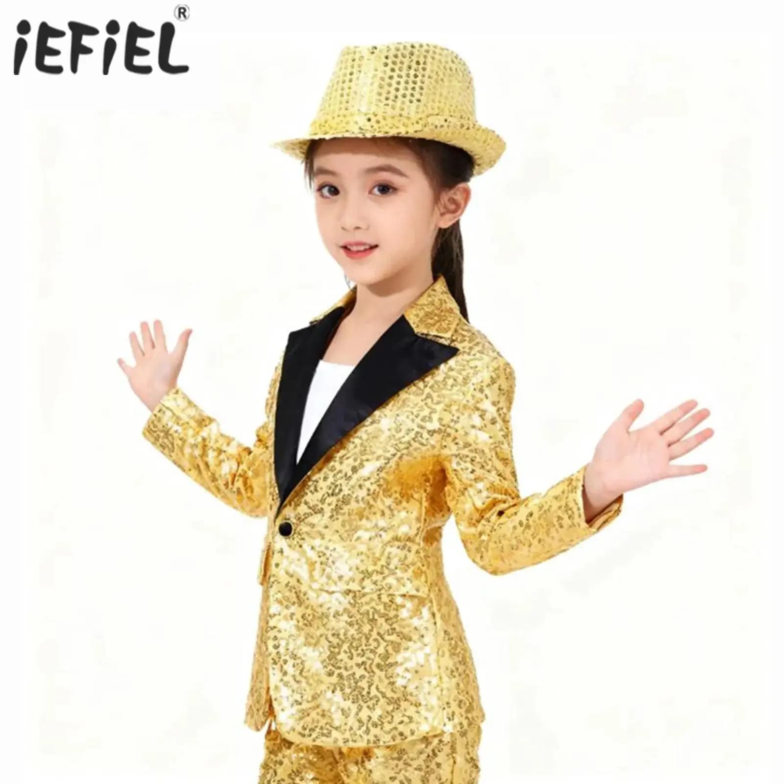 Costume da spettacolo di danza jazz per bambini e ragazzi, con paillettes lucide, abito da smoking, manica lunga, bavero, giacca monopetto, cappotto con cappello Fedora