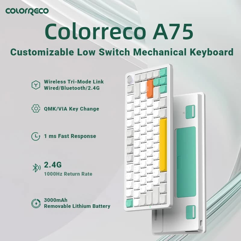 ColorReco A75 tastiera meccanica a basso profilo Wireless RGB Hot Swap manopola multimediale tastiera da gioco per ufficio per PC Laptop Win IOS