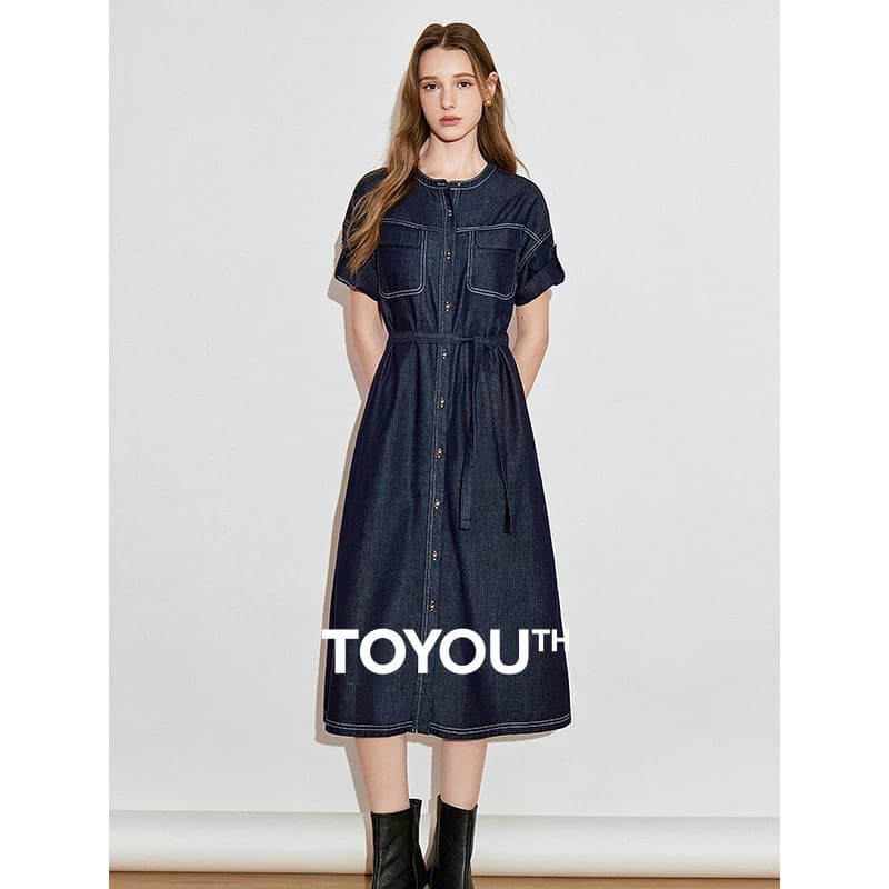 TOYOUTH Abito in denim da donna 2025 Primavera Nuovo abito elegante a maniche corte con collo rotondo in stile abbigliamento da lavoro in acetato Lyocell
