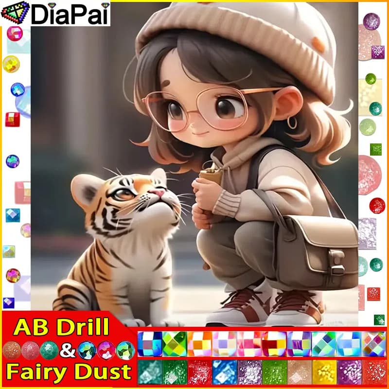 DiaPai Fairy Dust AB Diamond Painting Full Square/Round Drill 5D DIY "Girl Hat Tiger"Daimond Embroidery Rhinestone Cross Stitch