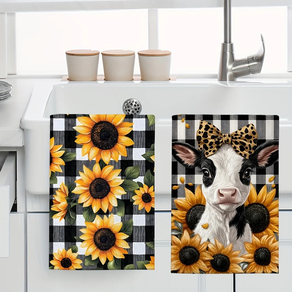1 pezzo di panno in tessuto a quadri bianco e nero con motivo mucca e girasole, morbido e assorbente, perfetto per cucina, bagno, camera da letto, viaggi.