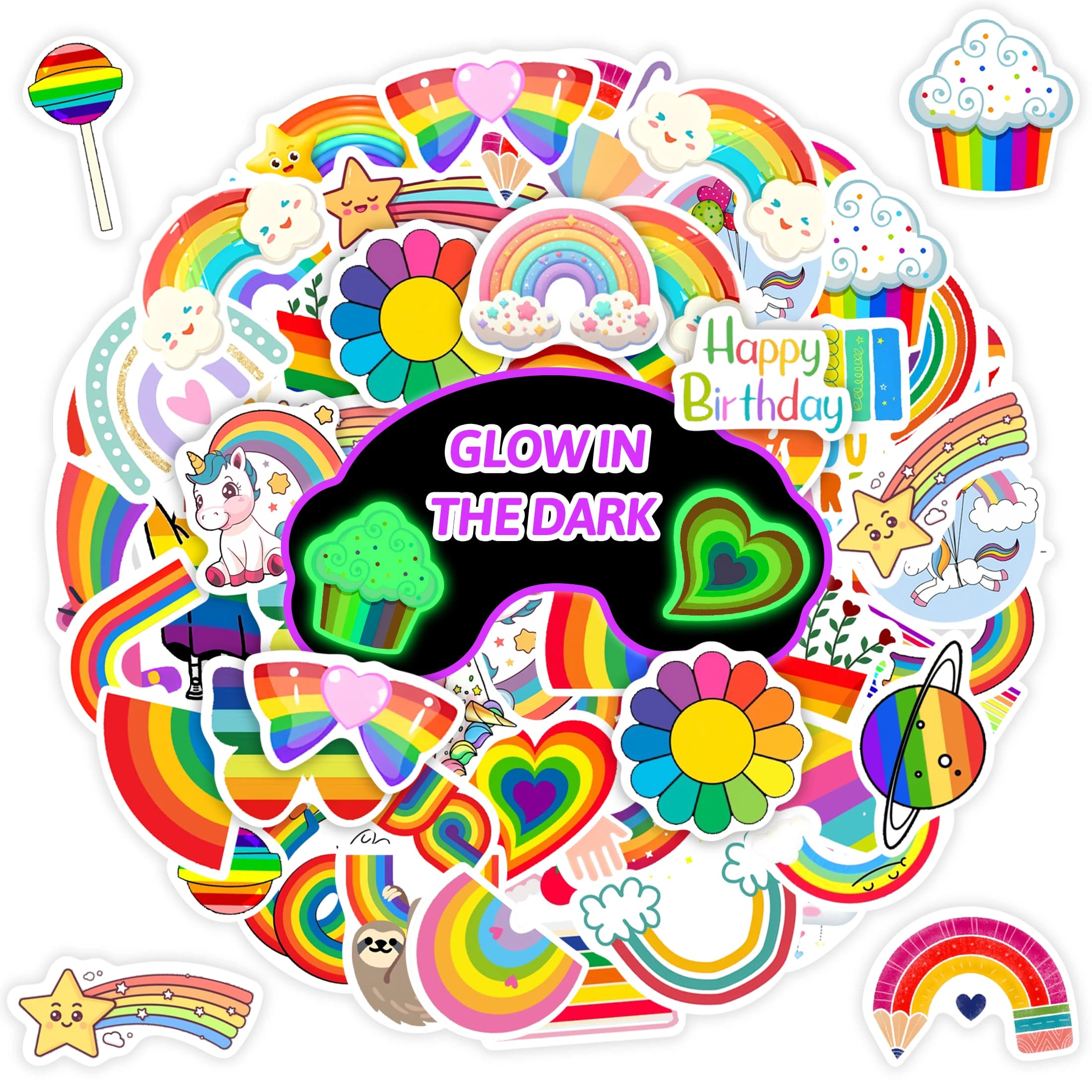 50 fogli di adesivi arcobaleno carino cartone animato Glow-In-The-Dark, bottiglie d'acqua impermeabili individuali, adesivi per Notebook,