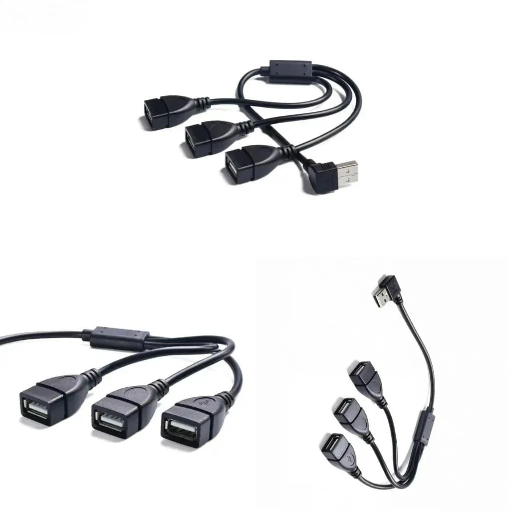 Multi Angle USB Splitter Hub Wire 90° Up Down Left Right Bend USB A Male To 3 USB Female 3A Fast Charge Data Transfer Cable 30cm