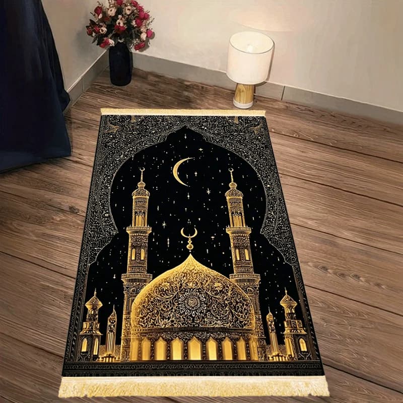 VIKAMA Prayer Mat with Design Mosque and Moon Crescent in Black and Gold, Portable Carpet for Bedroom, Living and Traveling