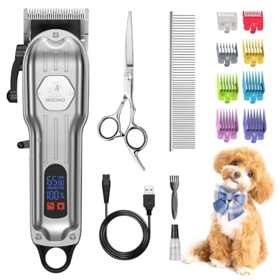 Dog Grooming Kit for Heavy Thick HairandCoats, Low Noise Dog Hair Trimmer, Rechargeable Cordless Pet Shaver with Stainless Stee