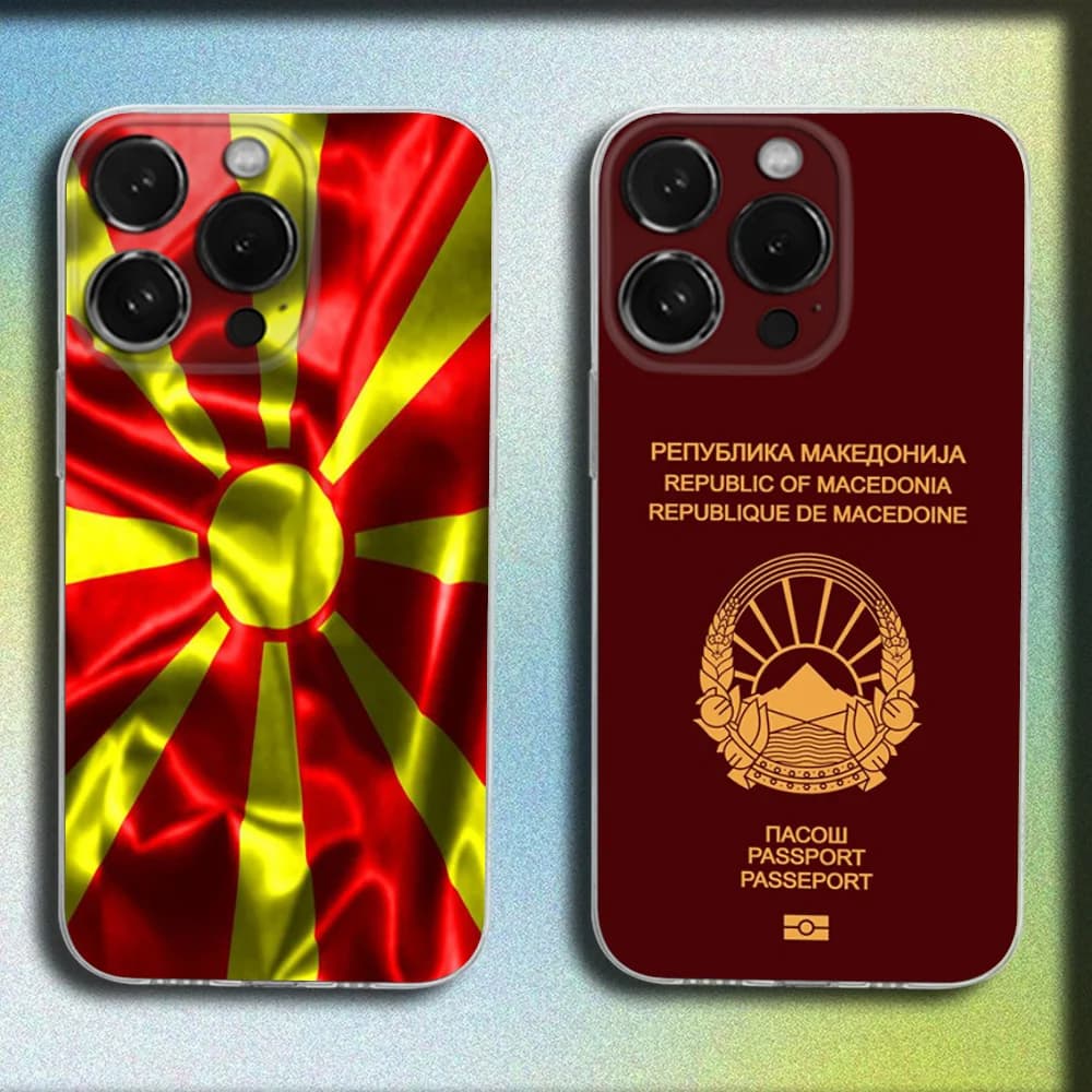 Macedonia Falg Custodia per passaporto per iPhone 16,15,14,13,12,11 Plus,Pro,Max,XR,XS,Plus,SE,Mini Cover morbida trasparente