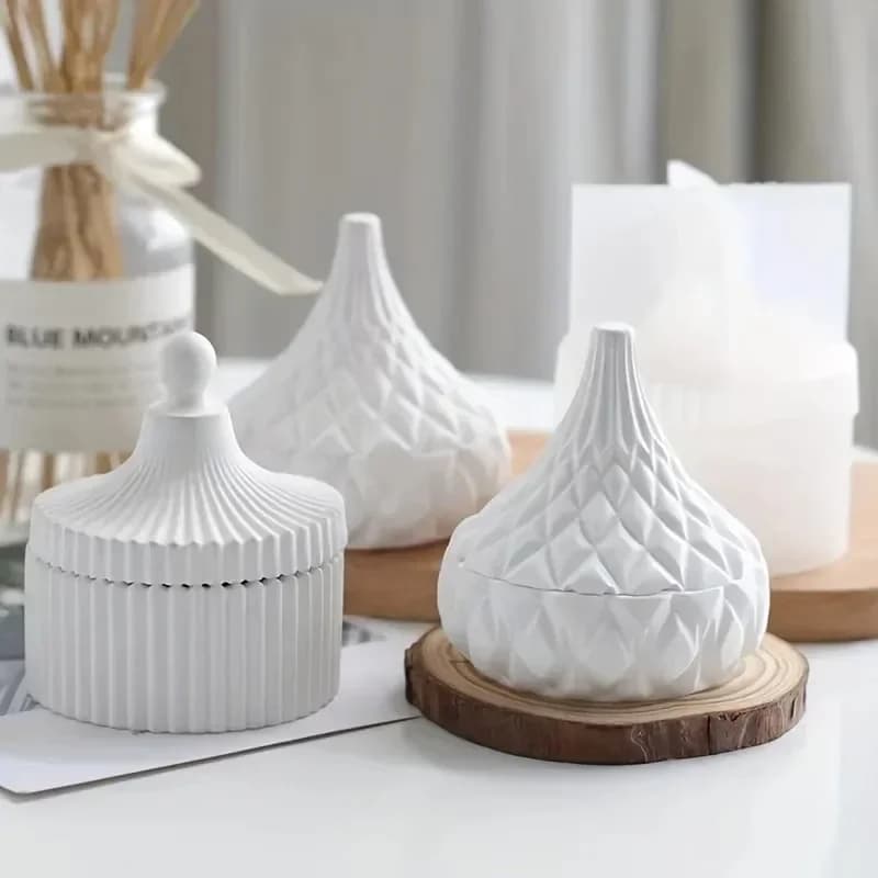 2pcs silicone candle jar mold with lid round stripe for jewelry box storage concrete plaster mould making