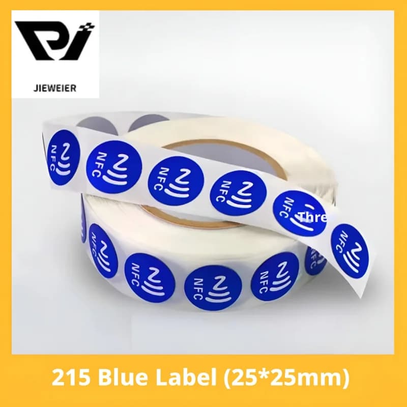 Etichette Adesive NFC NTAG215 Blu con Chip Originale, Memoria Riscrivibile da 504 Byte, Etichette RFID Trasparenti