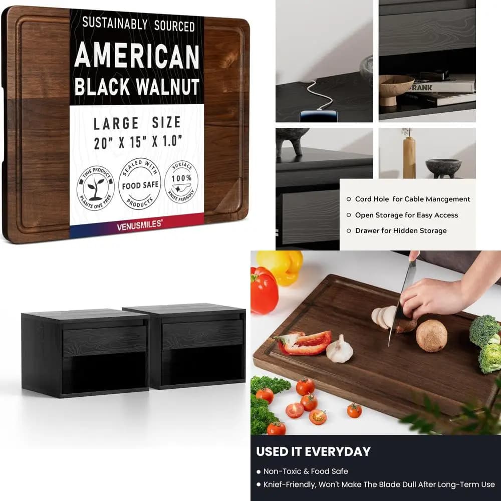 Tagliere da cucina - 20x15x1 pollici in legno di noce nera americana, reversibile, pre-ilato, grana premium, blocco da macellaio per la casa C