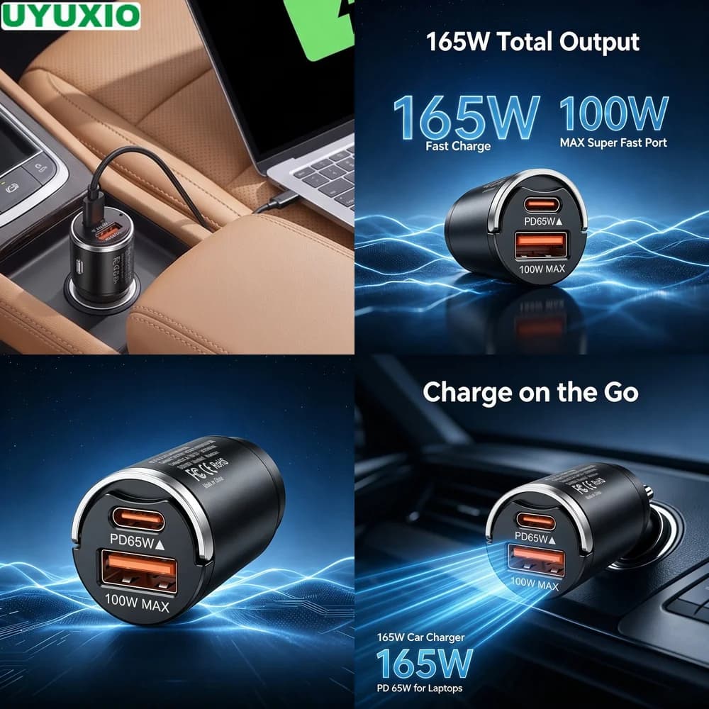 165W High Power Car Charger Low Profile Zinc Alloy Design PD 65W USB C and 100W USB A Charging for Business Travel and Commuting