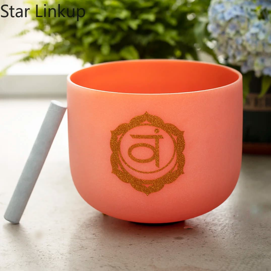 Star Linkup 10 Inch Orange Quartz Crystal Singing Bowl precisely tuned to D note for navel sacral chakra regulation, warm harmonic vibrations effectively clear energy blockages