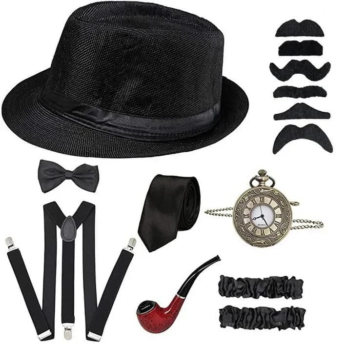 Uomini Puntelli Del Partito Anni '20 Tema Cosplay Performance Sul Palcoscenico Gatsby Berretto Orologio di Sigaro Della Bretella Cravatta Costumi Accessori Set