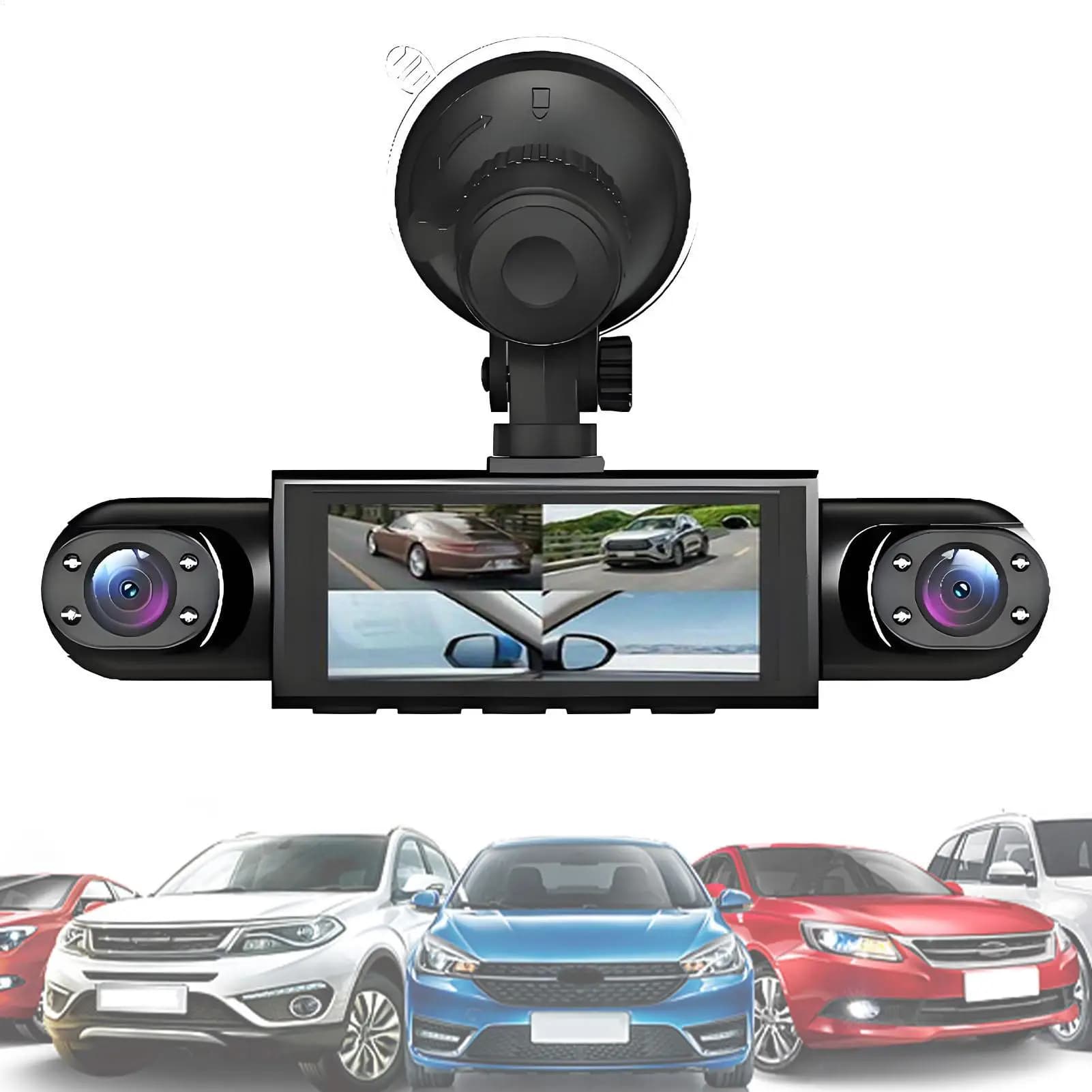 Telecamera da cruscotto per auto 1080P a 4 canali alimentata a batteria con scheda da 32 GB e monitor per immagini di retromarcia per auto, camion, SUV