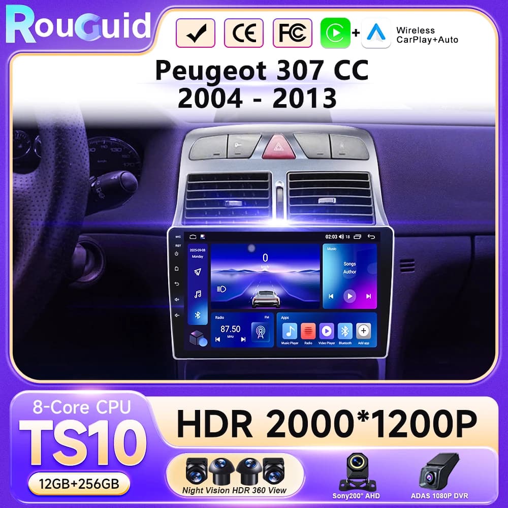 Autoradio Multimediale Android 16 con Carplay per Peugeot 307 SW 307CC 307SW (2002-2013) - WIFI+4G BT DSP