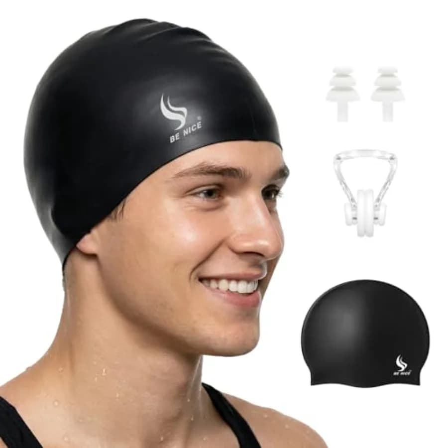 Set Cuffia da Nuoto per Donna e Uomo, Cuffia in Silicone Resistente per Adulti con Clip Nasale e Tappi per Orecchie, Cuffia Impermeabile Nera per Piscina