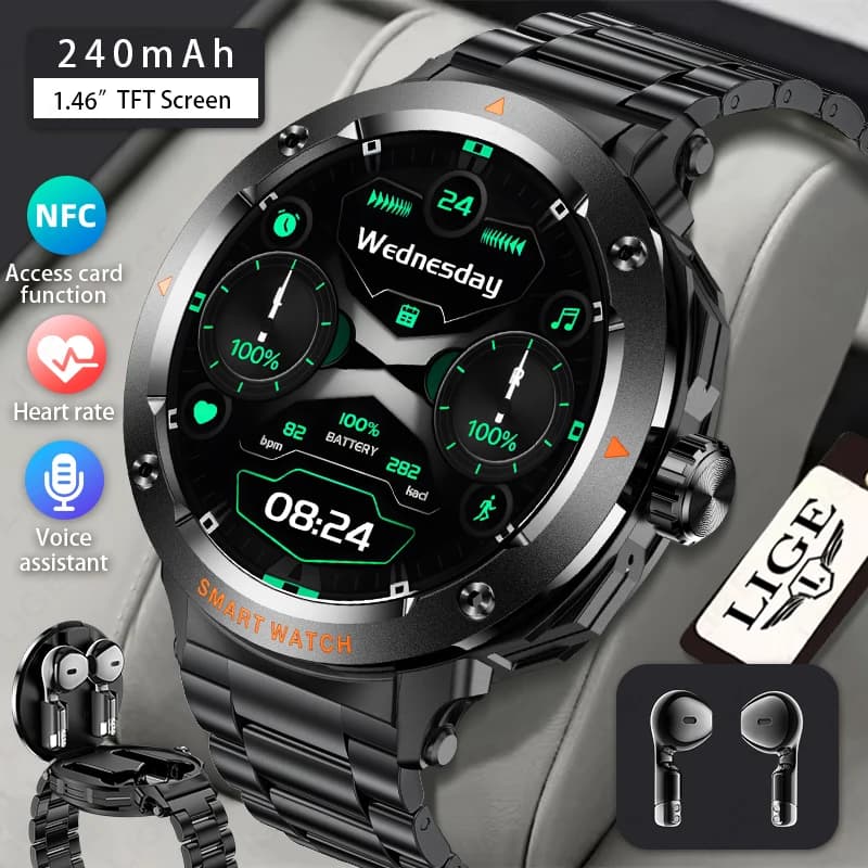 LIGE Smartwatch con Auricolari Bluetooth per Uomo e Donna, Chiamate, Monitoraggio Frequenza Cardiaca, Musica, NFC, 2 in 1 con Cuffie TWS