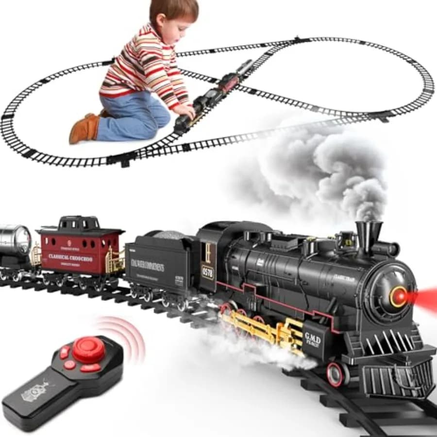 Trenino di Natale per Bambini 3-8+ Anni: Set Locomotiva a Vapore Telecomandata in Lega con Vagoni, Binari e Suono di Fumo Realistico