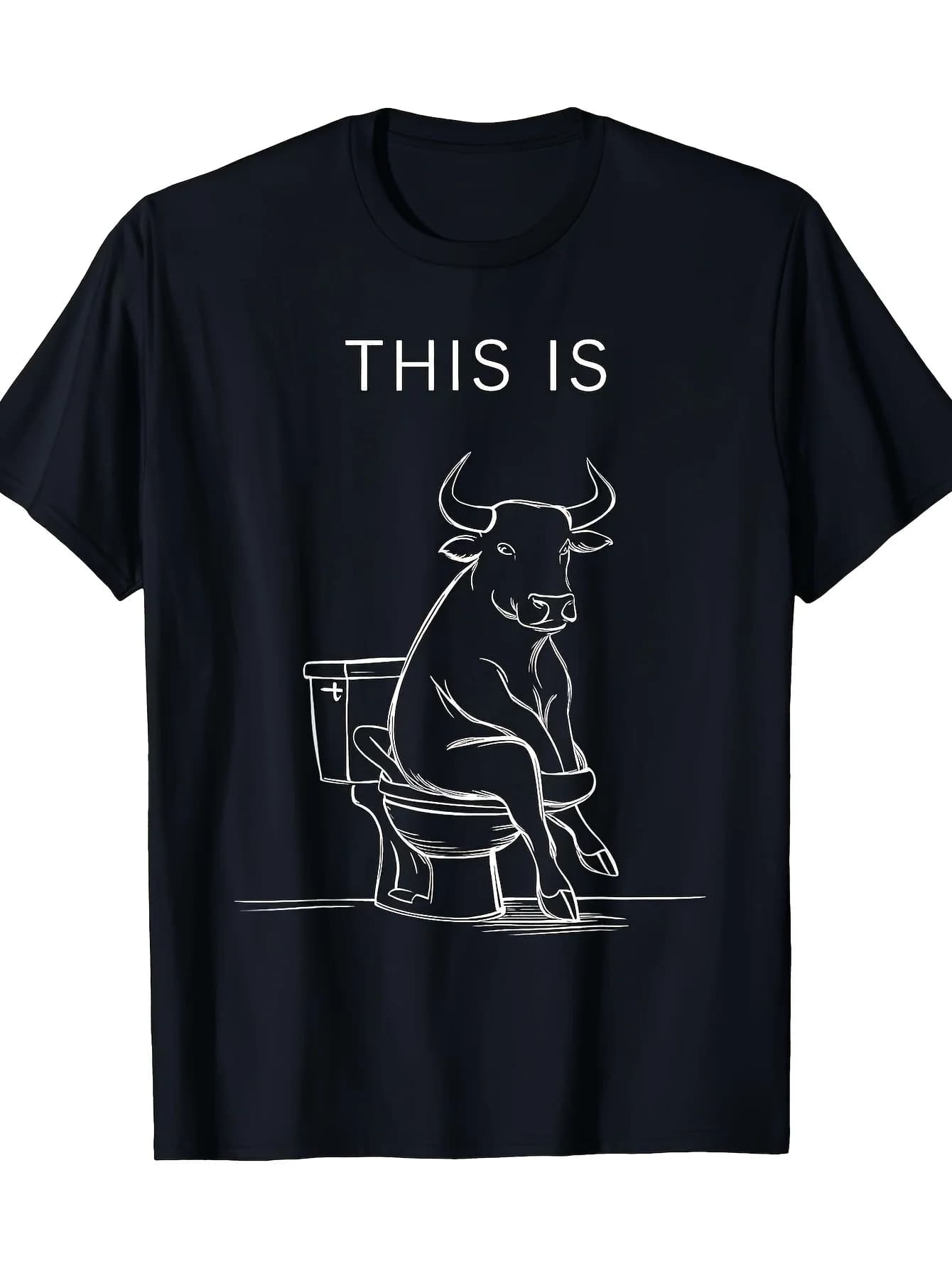 Men's black t-shirt with funny pattern - Presents the design "THIS IS", with a bull sitting on a toilet.