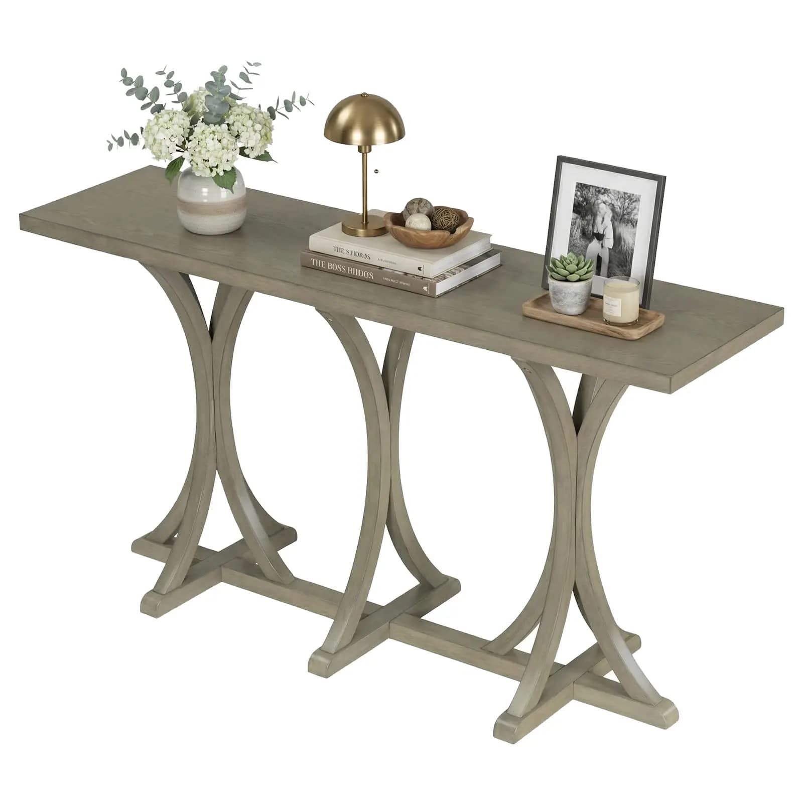 Arvolia Consolle in Legno da 151 cm, Tavolo da Ingresso Stile Rustico con Gambe Curve per Soggiorno, Corridoio o Dietro il Divano, Grigio