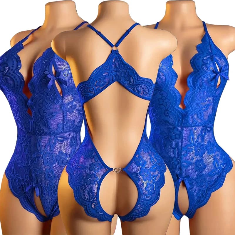 Lingerie sexy per le donne Abito da babydoll senza cavallo con scollo a V profondo Abito da reggiseno aperto con fiocco in pizzo Costumi erotici Biancheria intima porno femminile