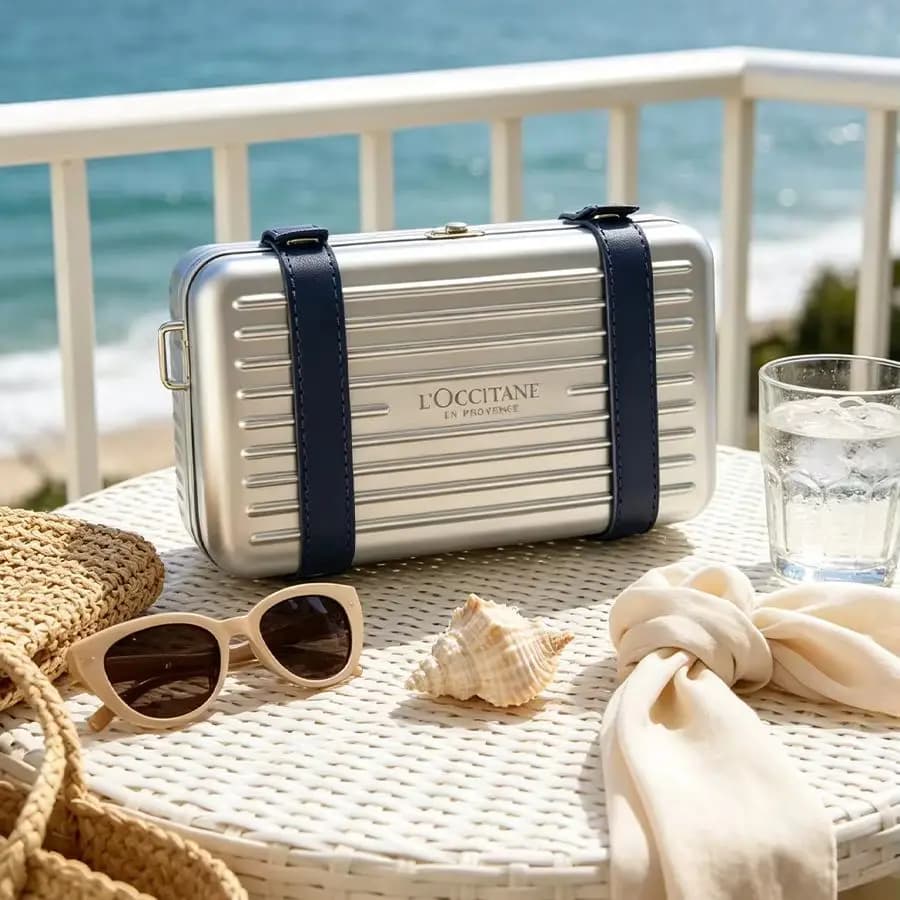 Loccitane ABS Hard Shell Cosmetic Bag Silver Metallic Paint Vertical Stripe Pressure Resistant Detachable Adjustable Dark Blue P